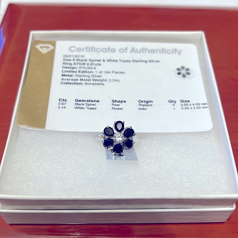 Black spinel & white topaz sterling silver ring